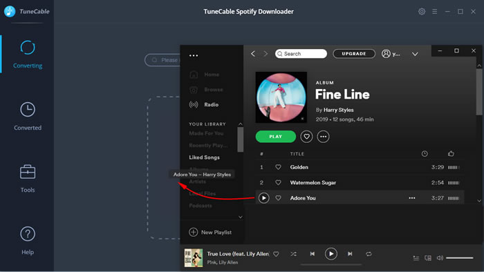 drag and drop spotify songs to tunecable directly