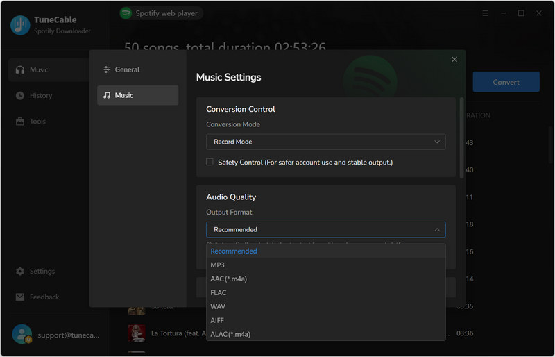 tunecable settings interface